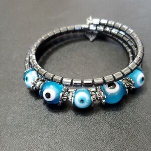 Hematite blue glass beaded wrap bracelet